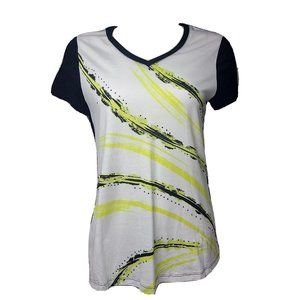 Weekends by Chicos Top Size 1 (Medium) Black White Yellow V Neck Studded Detail